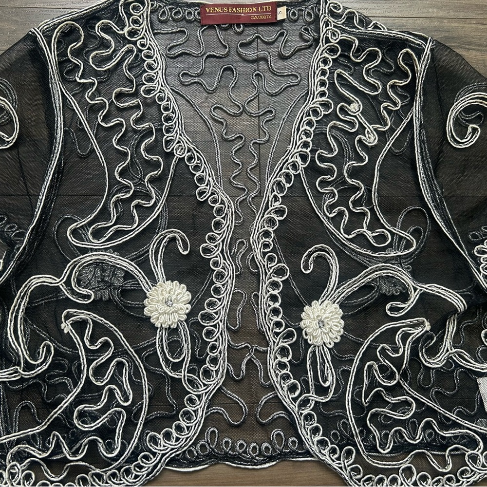 Black and White Embroidered Sheer Shrug - Picture 4 of 5